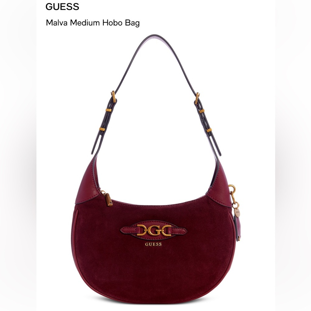 GUESS Wine Red Suede Crescent Shoulder Bag with Gold Hardware
